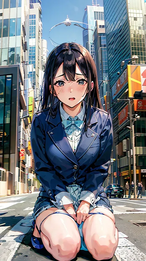 office Street,Skyscrapers in the background,blue sky,all fours,Kneel,masterpiece,quality,High resolution,高quality,Realistic,Random hairstyle,business suit,Blue Skirt,Blue jacket,White collared shirt,whole body,Forehead,Ahegao,Big eyes,Embarrassed face,Fair...