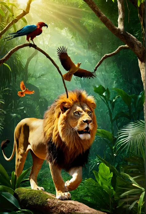 A lion scaring a bird in a jungle 