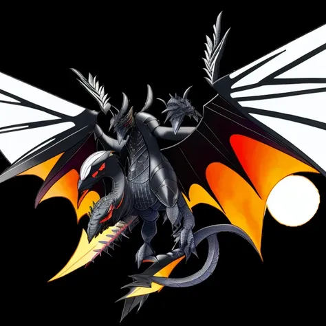 Black dragon with black wings ,Hes a giant, he is flying in front of the sunset, he has a light look 