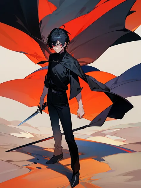 a boy with pitch black hair, short hair, using a cape, holding his sword, standing in a desert mountain, one red eye and one blue eye, wearing black shirt, wearing black pants, standing alone