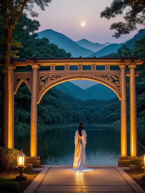 
**supper: The Celestial Bridge at Dusk**

In the heart of an ancient forest, where ancient trees stand like silent giants, there is a serene lake, reflecting the soft evening light. A stone bridge, adorned with intricate carvings of dragons and phoenixes,...