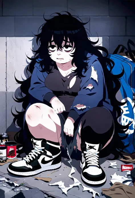 Long hair, wavy hair, black hair, bags under eyes, chubby, big , torn clothes, homeless, black eyes, wearig air jordan 1