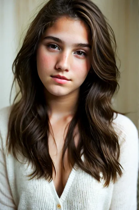 really pretty 18 years old girl. Brown hair. Innocent face. Straight looking to the camera. Facing the camera. Light eyes 