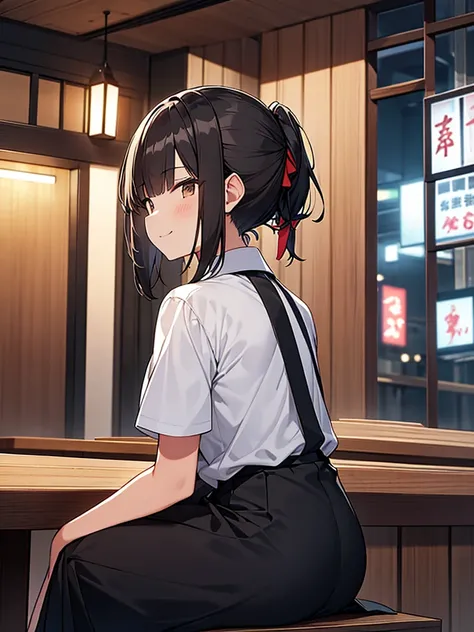 Standing tall woman:1.9 Side view composition Izakaya at night Sitting on a chair White collared shirt short sleeves Black skirt Smiling Talking Black short hair Ponytail:1.9 Straight hair Hair tie Sweep bangs to the side:1.9. Slanted eyes, brown eyes, tal...