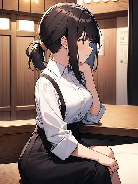 Standing tall woman:1.9 Side view composition Izakaya at night Sitting on a chair White collared shirt short sleeves Black skirt Smiling Talking Black short hair Ponytail:1.9 Straight hair Hair tie Sweep bangs to the side:1.9. Slanted eyes, brown eyes, tal...