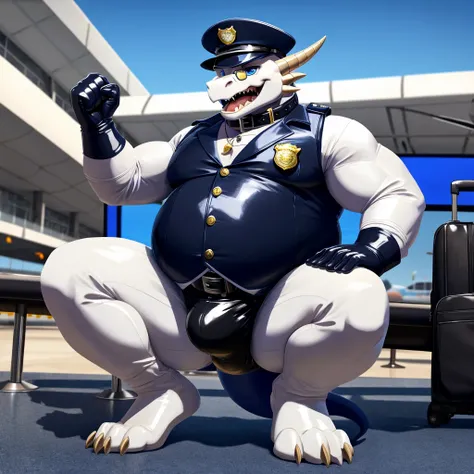 Solo, Male, fat, squatting, extremely obese, gentleman, dapper Dragon, pooping in diaper, blue eyes, (soft shading), 4k, hi res, ((detailed face, detailed)), looking at viewer, evil grin, Airport, TSA, TSA Uniform, collared shirt with buttons, hat, male fo...