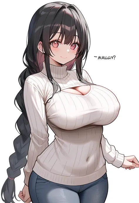 score_9, score_8_up, score_7_up, 1girl, black hair, pink eyes, long hair, braided ponytail, bangs, sidelocks, pale skin, large breasts, wide hips, open-chest sweater, ribbed sweater, jeans, smile, unaestheticXL_bp5, aidxlv05_neg, (SuperQuality:1.2), (negat...