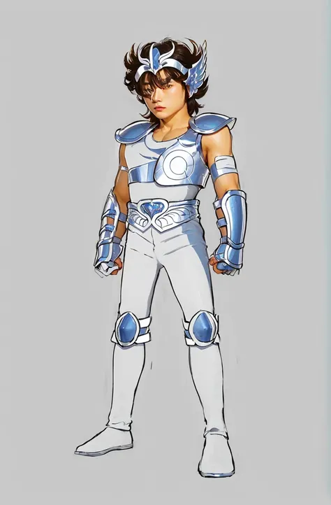 A young tall asian man in copper armor with white tight without sleeves underneath, muscular, saint seiya, pegasus seiya, messy hair, high resolution