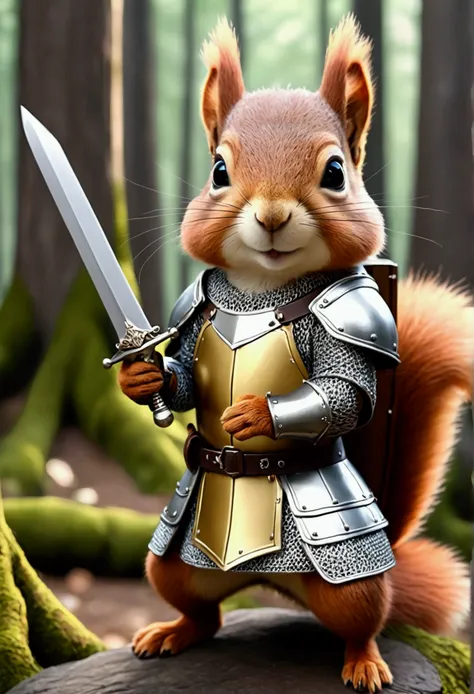 Top image quality、"Create a masterpiece of cute creatures. a squirrel、（The place is a forest）, high detailing, in 8K、Top image quality、Dressed as an adventurer、Holding a sword and shield in his hand、Medieval Knight Costume、(((kawaii)))、