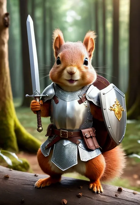 Top image quality、"Create a masterpiece of cute creatures. a squirrel、（The place is a forest）, high detailing, in 8K、Top image quality、Dressed as an adventurer、Holding a sword and shield in his hand、Medieval Knight Costume、(((kawaii)))、