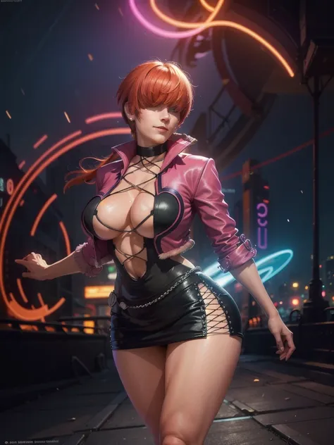 (at night), in a video game scene with a neon background and a neon light, standing at attention, pink suit, pink jacket, choker, neckline, cut of clothing, earrings, has long bangs in her hair that covers eyes ((hair over eyes)), 1 girl, 20 years old, you...