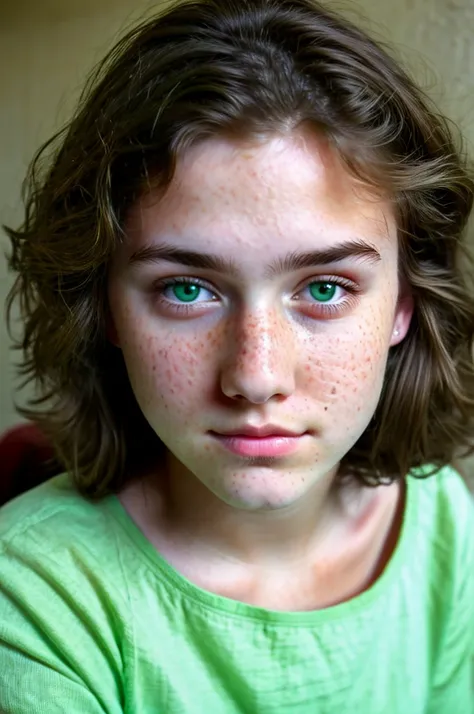 really pretty 18 years old girl. Brown hair. Innocent face. Straight looking to the camera. Facing the camera.  green eyes. Freckles 