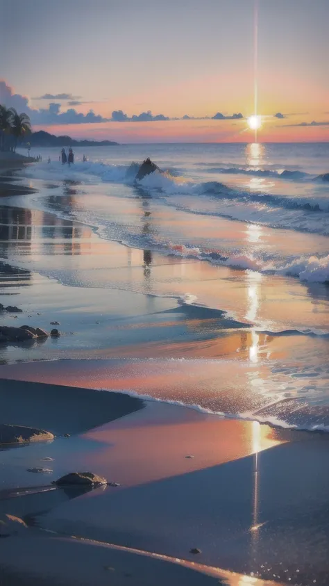 The beach is covered with colorful transparent smooth stones: 1.5, an absolutely mesmerizing sunset on the beach with a mix of orange, pink and yellow in the sky. The water is crystal clear, gently kissing the shore, and the white sand beach stretches as f...