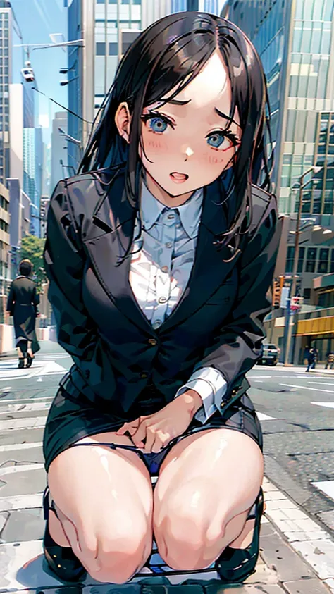 office Street,Skyscrapers in the background,blue sky,all fours,Kneel,masterpiece,quality,High resolution,高quality,Realistic,Random hairstyle,business suit,Pencil Skirt,Black jacket,White collared shirt,whole body,Forehead,Ahegao,Big eyes,Embarrassed face,F...