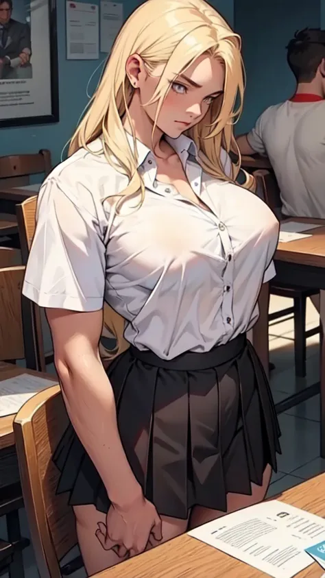 tabletop，best qualityer，High details，1 boys，1ガール，girl with long hair and big breasts，The girl is wearing a pleated skirt with a white shirt，girl with black socks，1 boys，blond man，men have muscles，the man seemed more intense，that boy looks very handsome，han...