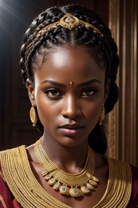 a beautiful dark-skinned western woman, elegant, regal expression, intricate braided hairstyle, delicate facial features, piercing eyes, full lips, wearing traditional african dress, detailed ornate patterns, flowing fabric, natural lighting, cinematic, hi...