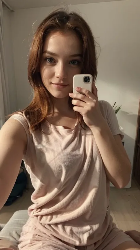 Jeune rousse en pyjama qui fait un selfie
