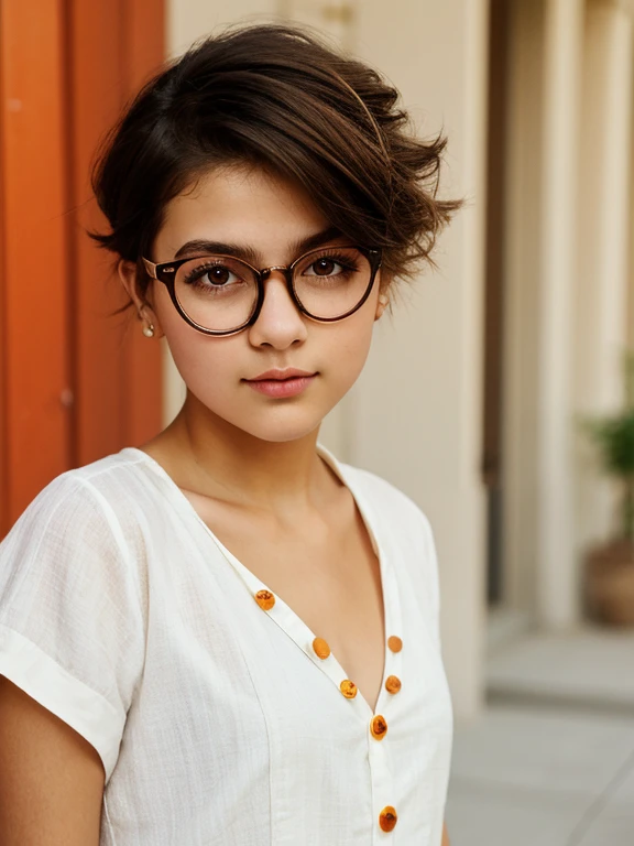 (masterpiece, Best quality:1.2), 1 young charming tomboy girl, 16 years, One, Russian chubby brown-eyed girl in glasses with aesthetic small breasts and beautiful erect nipples, Beautiful realistic eyes, round face, round cheeks, small round chin, wide che...