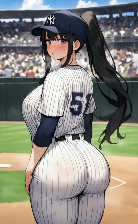 One woman、beautiful girl、high school girl、Baseball uniform、Yankees uniforms、Baseball cap、ponytail、Long Hair、baseball Ground、The stands are packed、slouch、His trousers are half way off、Highest quality,  Thick thighs、Big 、Big Ass、Black Hair、Sweaty body、Number...