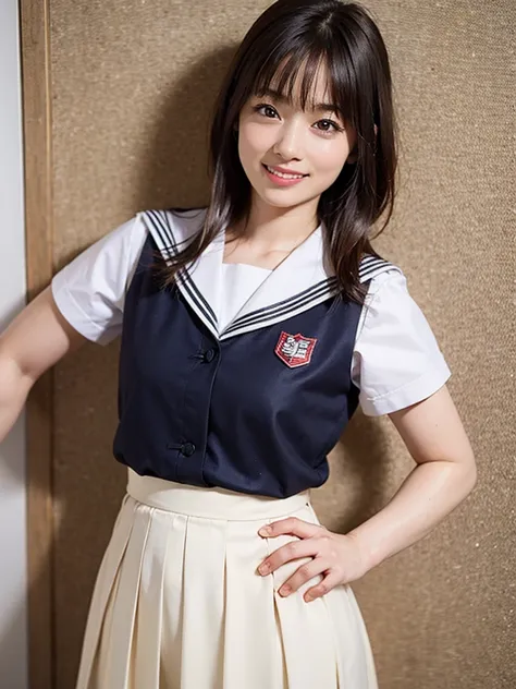 Highest quality、８ｋ、oil、Bust Shot、Frame In、Pure white wall background、woman１people、high school student、Sailor suit、Short sleeve、Black pleated skirt、mini skirt、Hands on hips、smile、Brown Hair、Bob Hair、