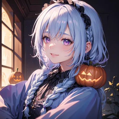 (Light blue medium hair),(Braided hair tied together)、Pink eyes、Fair skin、cowboy shot、Halloween、The background is a pumpkin ghost、Trick or Treat、A lot of sweets、witch、Halloweenナイトパーティー、Candy、Cosplay、A surprising smile、solo、(masterpiece、Highest quality、Very...