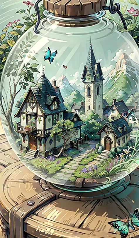 (masterpiece, Highest quality:1.2), (Very detailed),(shape), wallpaper, original, Round bottom flask, Grass, vine, water, butterfly, nature, The Shining, Enveloped in Light, Terrarium, RPG Style, Cartoonish, Fantasy, Mobile Games,(The Shining)