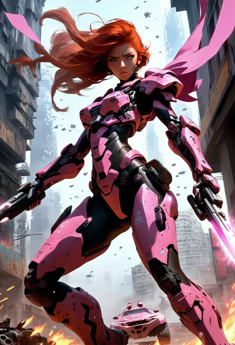 A cinematic film still featuring a fiery-haired heroine in a pink-powered armor suit, engaging in a fierce battle against a towering, menacing black mecha. The heroines armor is adorned with intricate designs and a retractable shroud, revealing her determi...