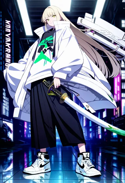 Blonde, green eyes, oversize clothes, air jordan white, big , katana, cyberpunk background