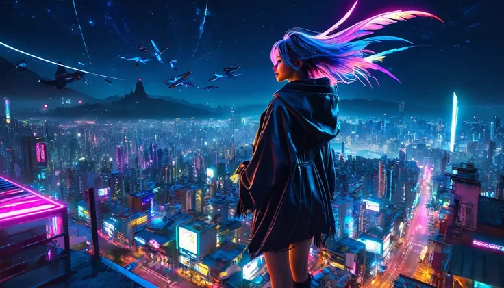 (work of art), best qualityer, ultra high resolution,Chiquita, cyberpunk 1girl flying over a stunning cityscape ,hooded cloak,hair blue,  shooting stars in neon color, pretty long hair, Off The Shoulder, feather hair ornament, neon colors, writer, stunning...