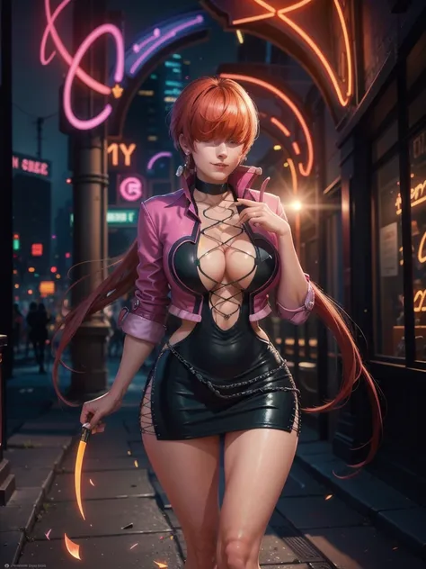 (at night), in a video game scene with a neon background and a neon light, standing at attention, pink suit, pink jacket, choker...