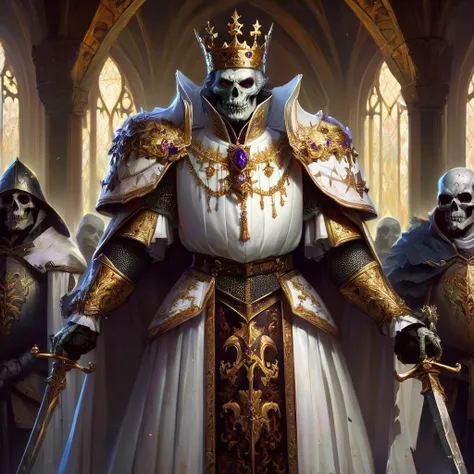 medieval portrait of the zombie king, white royal clothes, armors, undead, fancy, trends on ArtStation, art by Mike Azevedo and Alex Negrea