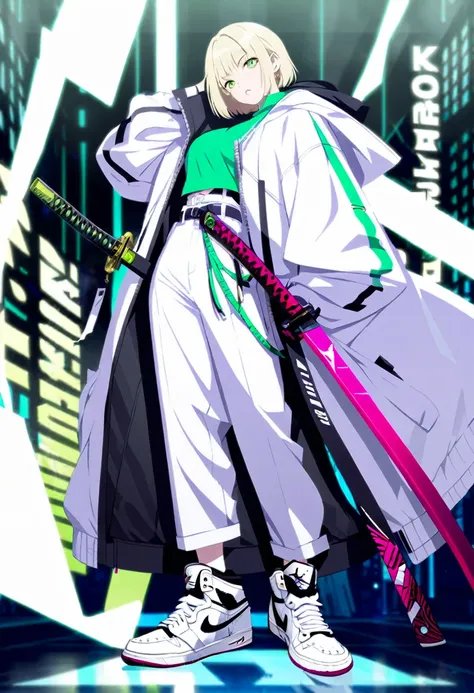 Blonde, green eyes, oversize clothes, air jordan white, big , katana, cyberpunk background