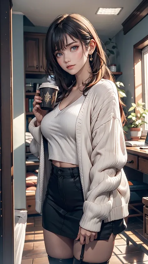 indoor, Portraiture, A 25-year-old woman holding a coffee cup, Black cropped knit cardigan, arm:1, Dark red slim skirt with black check pattern, Black knee-high suede boots, Standing next to the office window