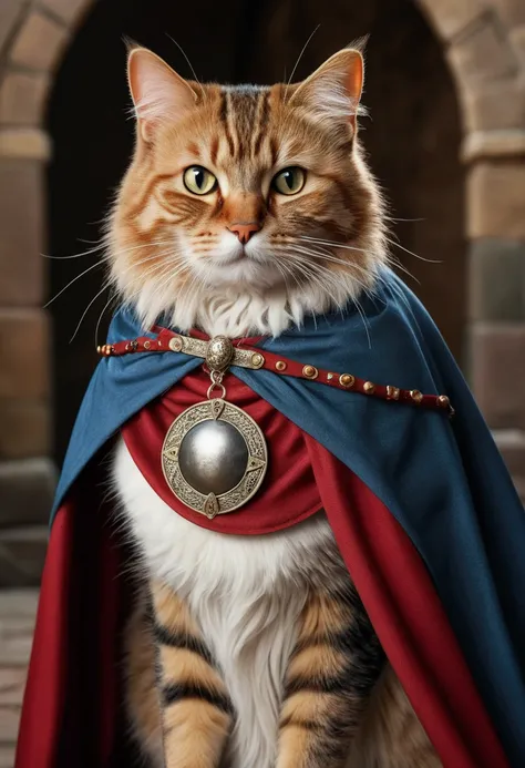 (best quality,4K,8k,A high resolution,master part:1.2),ultra detail,(Realistic, photo realistic,photo-realistic:1.37),A brave cat, wearing cape, (written "OCKSYI" on the cape, medieval fantasy background)