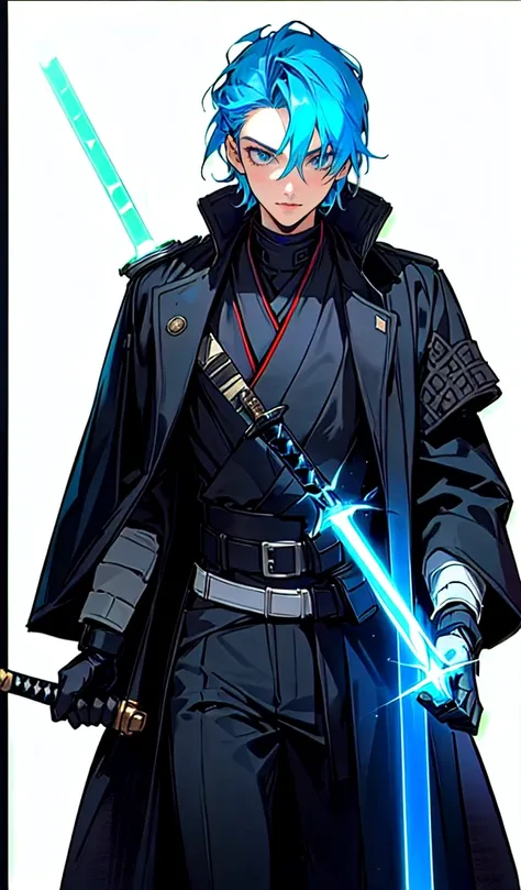 blurred image of a man in a black coat and a sword, 16 yrs old,  jacen solo, inspired by Han Gan, blue colored eyes, he has big knives on his belt, vergilio, skinny male fantasy scientist, lime lasted lightsaber wallpaper, Anakin Skywalker, vergilio from d...