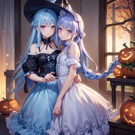 (Light blue medium hair),(Braided hair tied together)、Pink eyes、Fair skin、cowboy shot、Halloween、The background is a pumpkin ghost、Trick or Treat、A lot of sweets、witch、Halloween night party、Candy、A surprising smile、solo、(masterpiece、Highest quality、Very det...