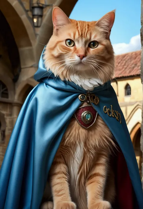 (best quality, 4K , 8k , A high resolution written) ultra detail,  medieval fantasy background, (Realistic, photorrealistic, photo-realistic:1.37), cat, wearing cape, (written "OCKSYI" in the cape)