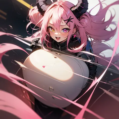 (((Masterpiece, highest quality, high definition, high detail)))), 1girl, futuristic, Solo, Twintails, Pink Hair, Shiny Hair, Streaked Hair, Wavy Hair, Messy Hair, Huge Ahoge, Heart Ahoge, Expressive Hair, Heart Earrings, Heterochromia, Bright Pupils, Spir...