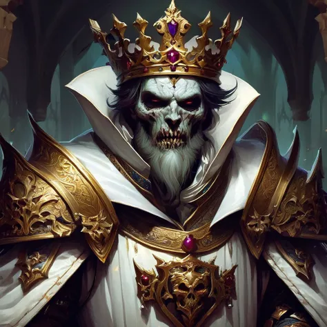 medieval portrait of the zombie king, white royal clothes, armors, undead, fancy, trends on ArtStation, art by Mike Azevedo and Alex Negrea