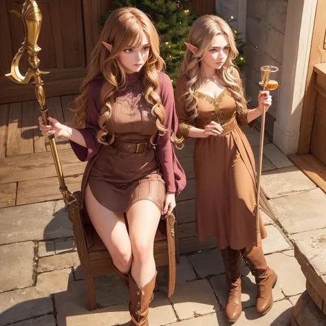 create for me the image of an elf with brown hair and honey-colored locks, She wears a simple marsala-colored dress, wears comfortable boots and accessories in her curly hair, also has a magic scepter, your lilac and honey eyes, She has to appear older wit...