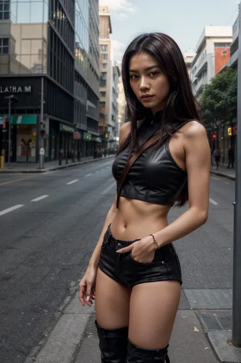 [[((young attractive Singaporean woman with strong Chinese Asian influence, a brown tanned complexion, long straight dark black hair with red highlights, striking almond-shaped dark brown eyes, and a  frame:1.6)), ((Sophie Tan:1.5)), posing confidently in ...