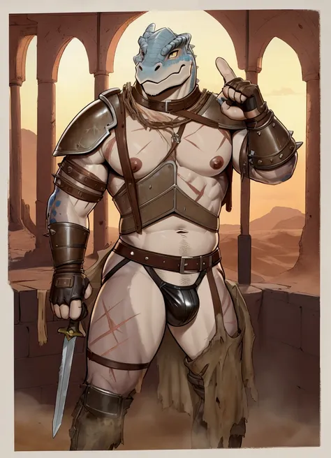 Solo Sexy young anthro acaliereptile dragon male mercenary medieval solider, slim slim muscular, anthro handsome gay shorter muzzle, handsome gay model male apperance, sword scars, worn out leather skimpy armament, low on hips heavy leather belt, old very ...