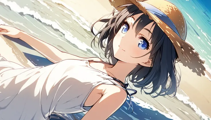 beautiful 1girl, solo, gentle smile on her face flat chest, short hair, black hair, blue eyes, Beautiful depiction,One woman、Mid summer、White sandy beach、the beach、white tank tops、a straw fedora hat