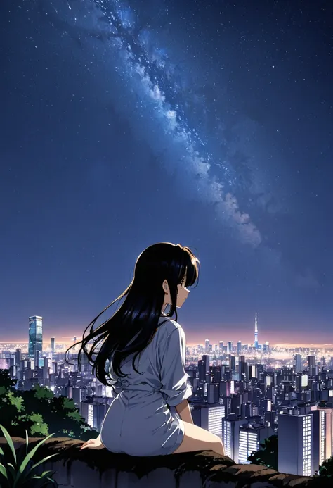 octans, sky, star (sky), scenery, starry sky, night, 1girl, night sky, solo, outdoors, building, cloud, milky way, sitting, tree...