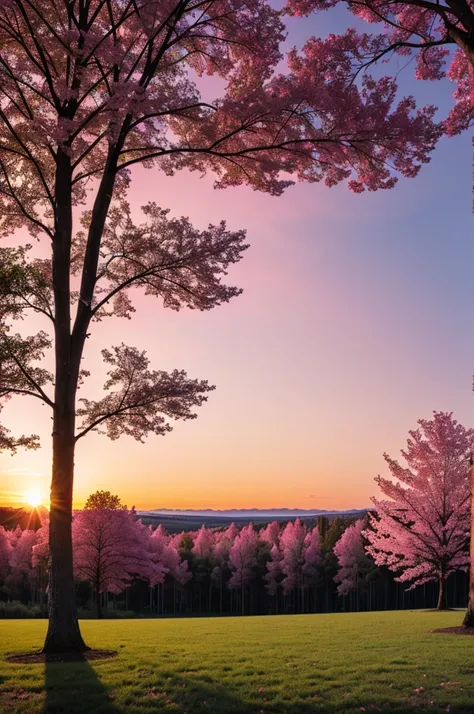 Plalla with pink trees on a sunset