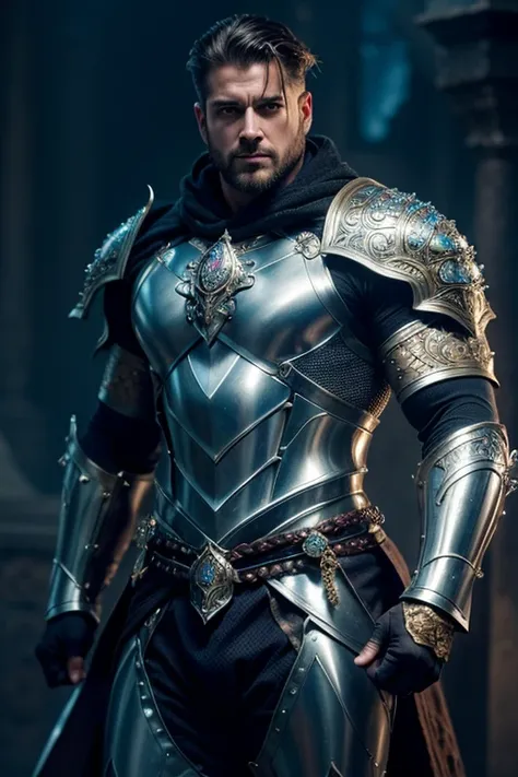 a man wearing a light armor with precious stones adorning the armor, hyper detailed, highly realistic, 8k, photorealistic, cinematic lighting, beautiful intricate armor design, ornate pattern on the armor, glowing gemstones, dramatic lighting, muscular phy...