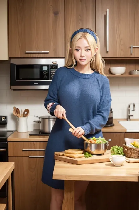 Create an anime-style image of the main character from "Erufu-san wa Yaserarenai" in a cozy Japanese kitchen. The character, Elf-san, should have long, wavy blonde hair, large blue eyes, and pointy elf ears. She is chubby and wearing a casual, slightly ove...