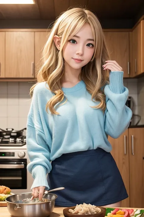 Create an anime-style image of the main character from "Erufu-san wa Yaserarenai" in a cozy Japanese kitchen. The character, Elf-san, should have long, wavy blonde hair, large blue eyes, and pointy elf ears. She is chubby and wearing a casual, slightly ove...