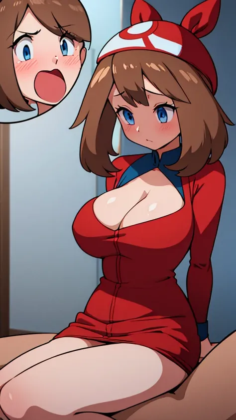 ((Girl having intense vaginal sex with man:1.1)), One girl, 22歳, May Pokemon, red Bandana, Brown Hair, short hair, blue eyes, Big Breasts, Chest cleavage, Bounce, Thighs, indoor, 32k,Super detailed,Ultra-detailed, {{Metamon transforms into Mei and has supe...