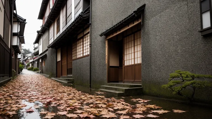 JodieC_SoloTI_v1,
a woman is looking back, (a quiet japanese street, just after the rain, damp,red maple leaves extend from the top of the wall:1.3),Dark shot, photorealistic, masterpiece, high quality, artistic, unique, award winning photograph, professio...